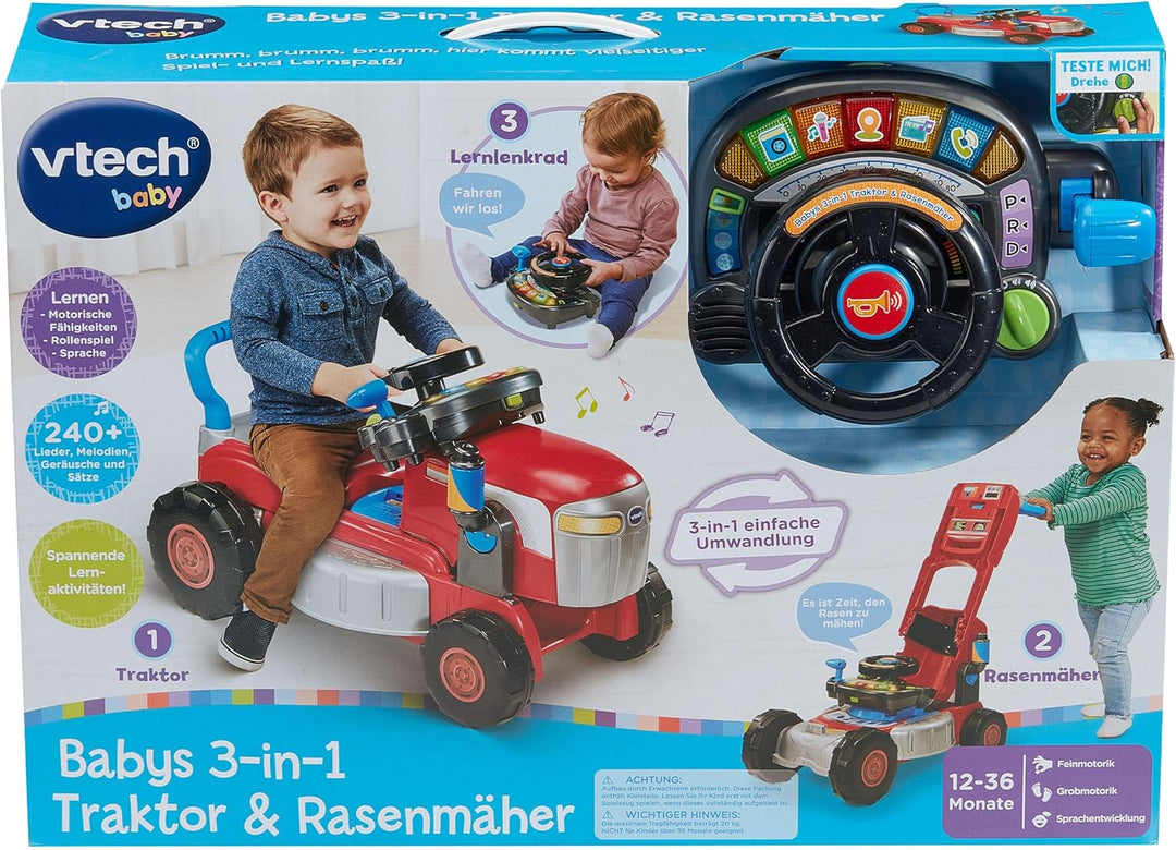Vtech Baby - Babys 3-in-1 Traktor und Rasenmäher – Interaktives Spielzeug mit Musik, Geräuschen und