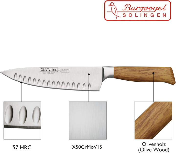 Burgvogel Solingen Kochmesser 20 cm geschmiedet Olivenholz, Oliva Line, rostfrei, deutsches Küchenme