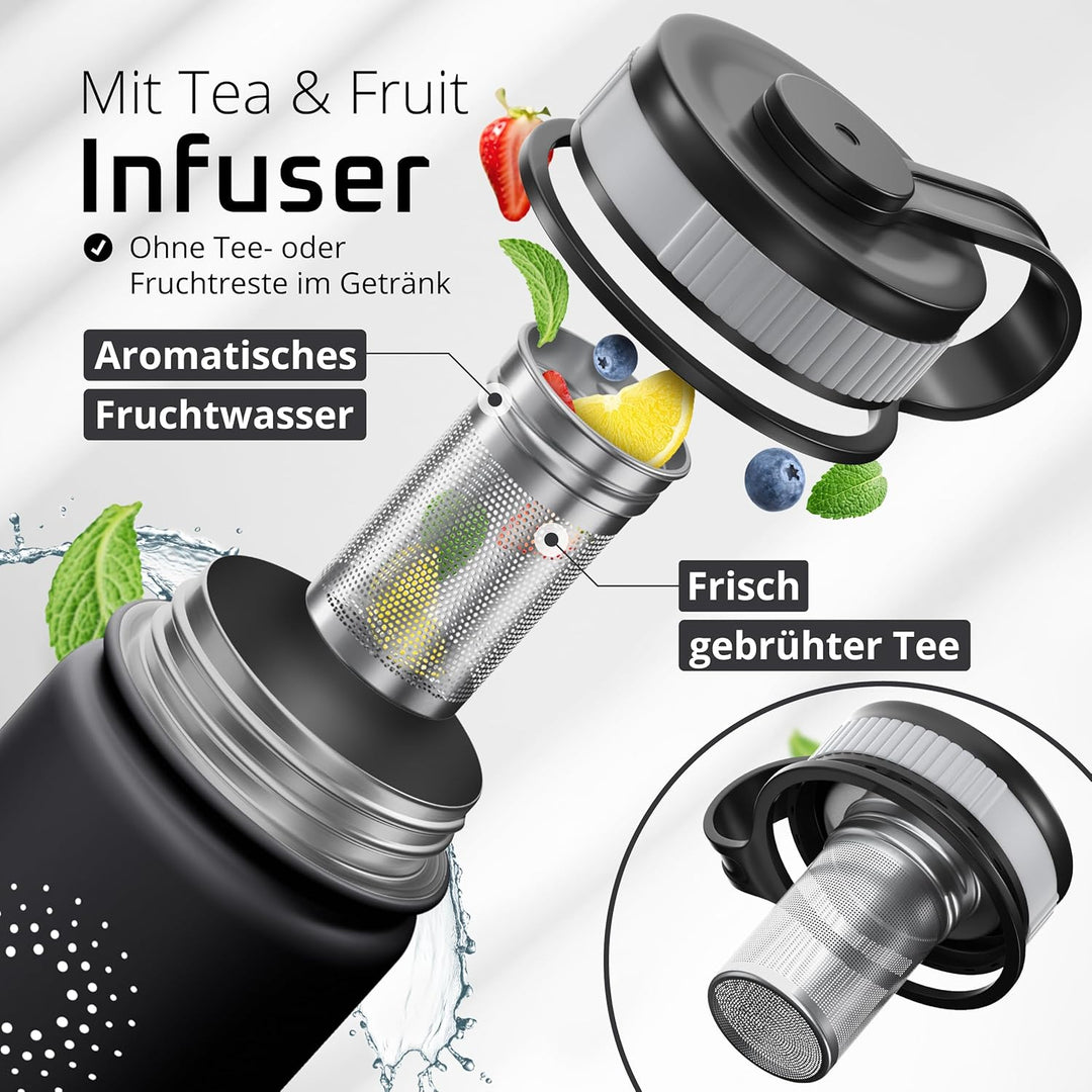 Trinkflasche Edelstahl ACTIVE FLASK + Strohhalm (3 Deckel) BPA-frei, Auslaufsicher, Kohlensäure geei