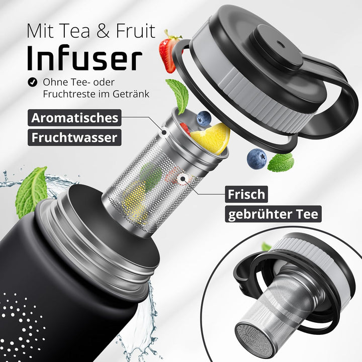 Trinkflasche Edelstahl ACTIVE FLASK + Strohhalm (3 Deckel) BPA-frei, Auslaufsicher, Kohlensäure geei
