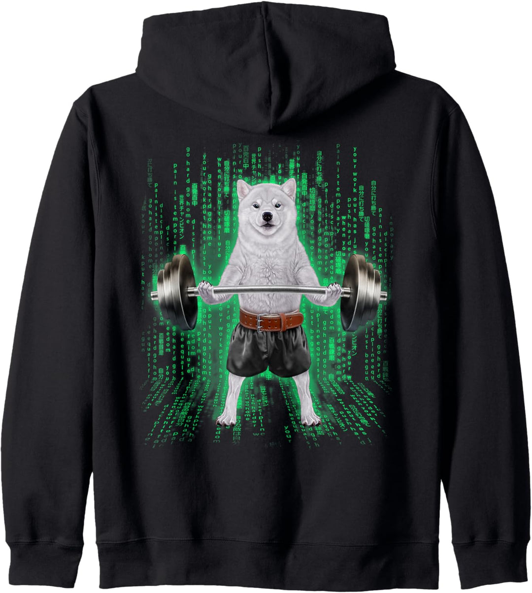 Shiba Inu Hund, der Gewichte im Cyber-Fitnessstudio hebt Kapuzenjacke