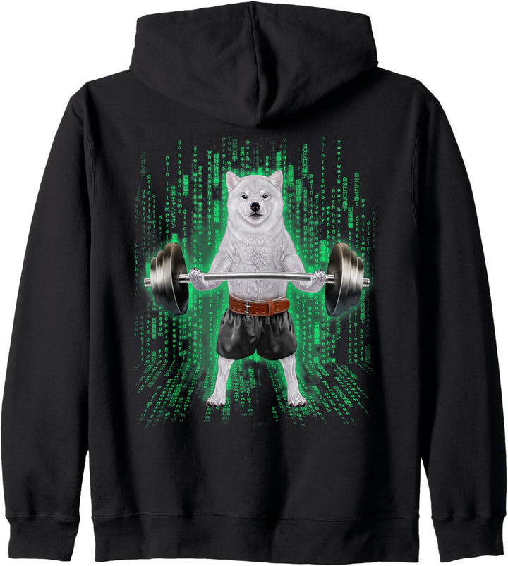 Shiba Inu Hund, der Gewichte im Cyber-Fitnessstudio hebt Kapuzenjacke