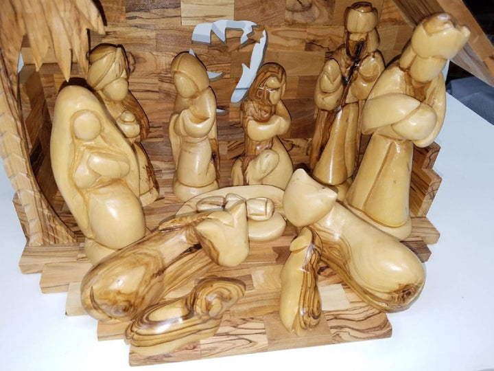 Geschnitzt aus Bethlehem Olivenholz Weihnachten Weihnachtskrippe Geschichte-Set mit Stall (27,9 cm M