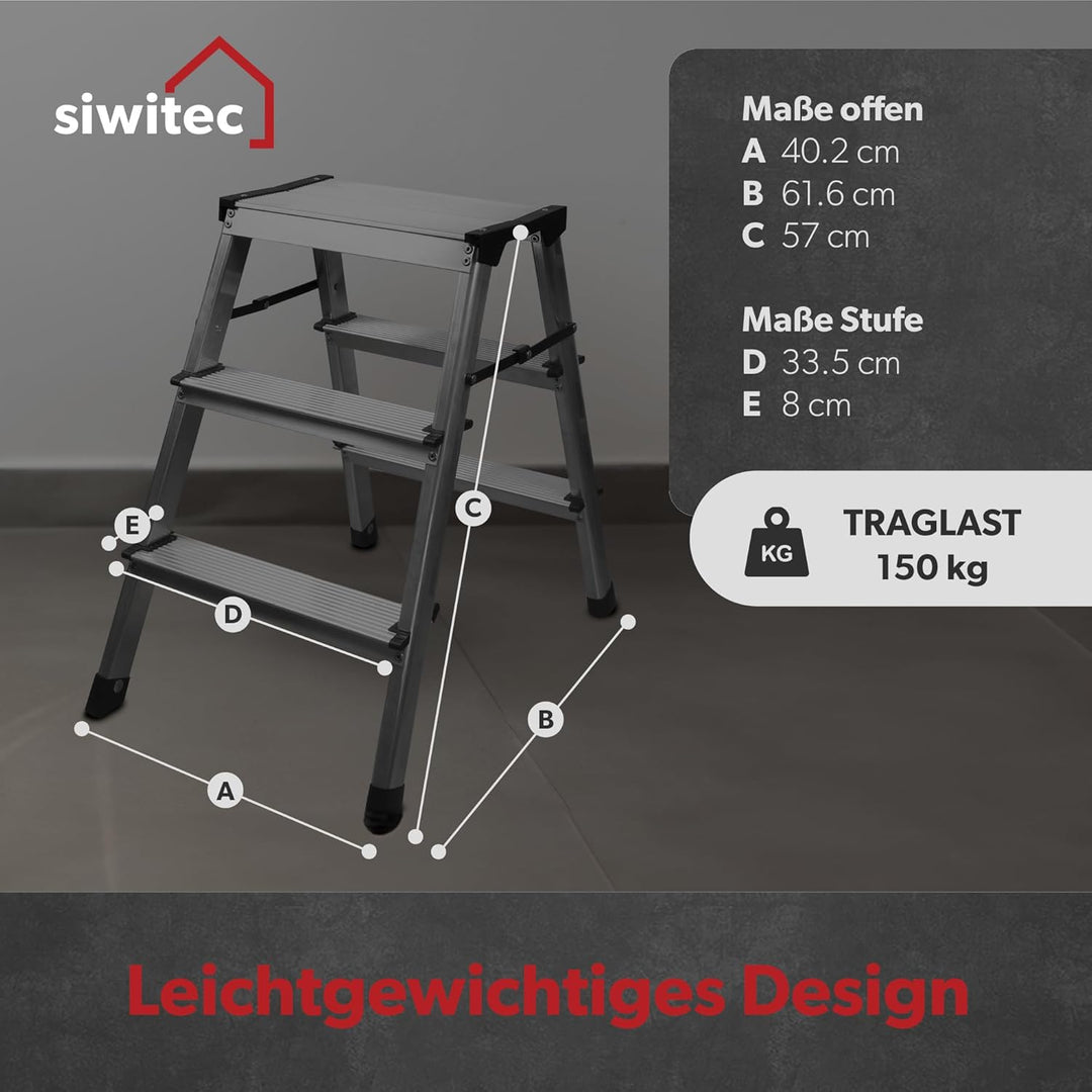 siwitec Trittleiter 2 x 3 Stufen, Alu Klapptritt, leichte Aluminium Leiter beidseitig begehbar, Haus