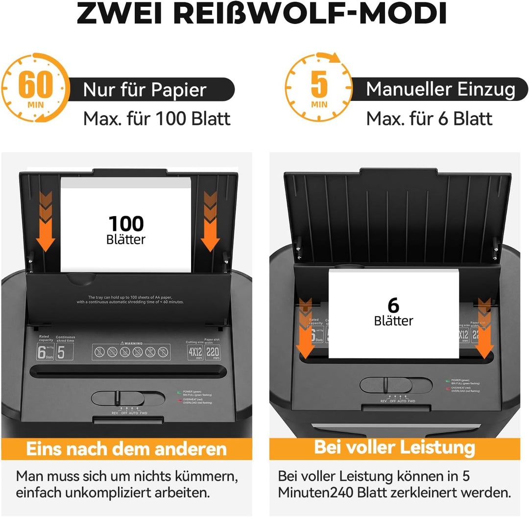 Automatischer 100 Blatt Aktenvernichter P-4 Partikelschnitt Aktenvernichter, 6 Blatt manuell, 60 Min