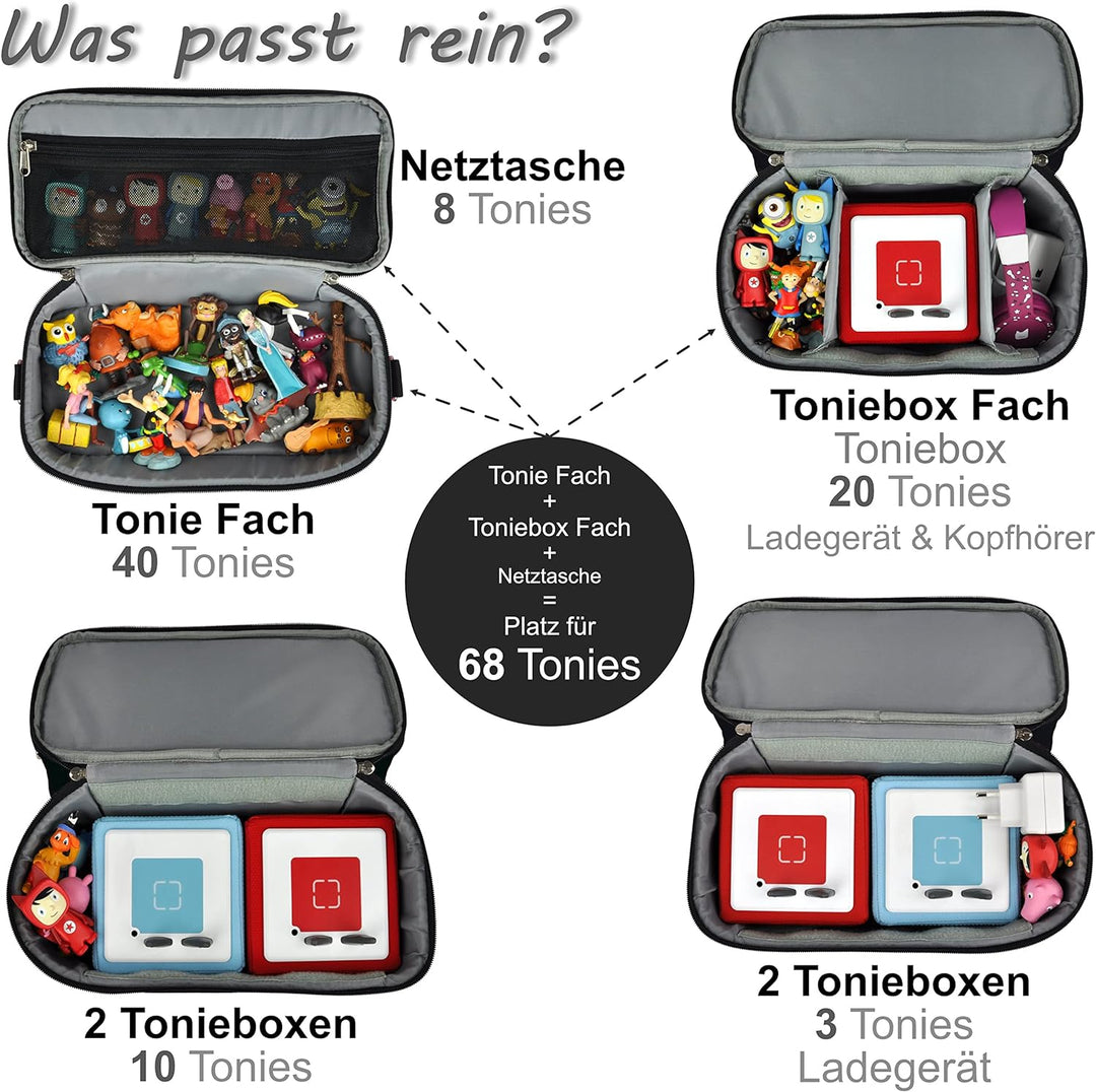 PUNALU grosse Tasche für Toniebox, Platz für 68 Tonie Hörfiguren, Toniebox Tasche (schwarz), Schwarz