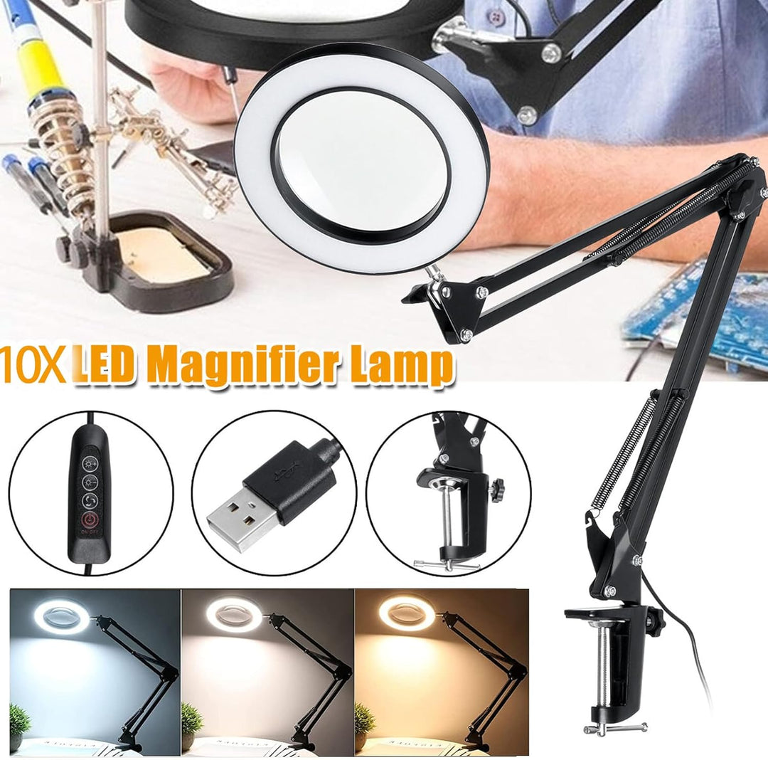 10X Lupe mit Licht und Ständer, Lupenleuchte mit 72 LEDs, 3 Farbmodi Dimmbare&10 Helligkeitsstufen,