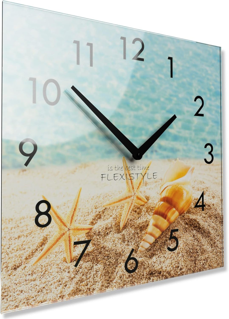 FLEXISTYLE Wanduhr küche Wohnzimmer 30 x 30 cm, aus Glas, mit Direktdruck eckig modern (Sommerurlaub