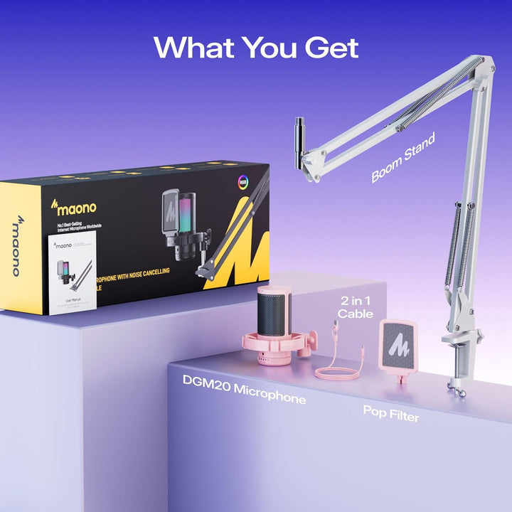 MAONO Gaming Mikrofon Rosa mit Geräuschunterdrückung, Computer PC Kondensatormikrofon mit RGB-Licht,