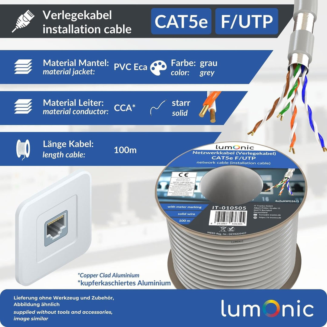 Lumonic LAN Netzwerkkabel 100m | LAN Kabel CAT5e F/UTP | Verlegekabel 4X 2X AWG26/1 (starr) | 100MHz