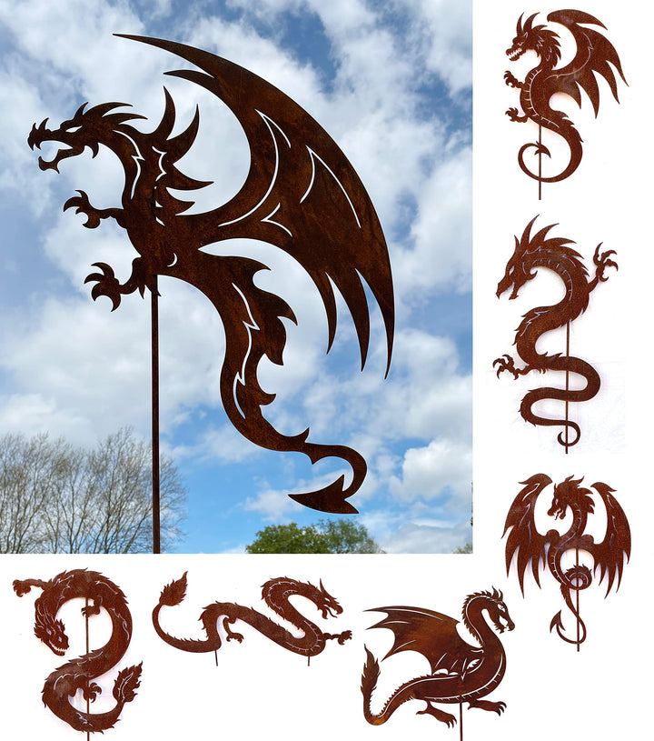 Gartenfigur Drache fliegend 63x45cm + Stab Gartenstecker Edelrost Gartendeko Wetterfest Rost Metall