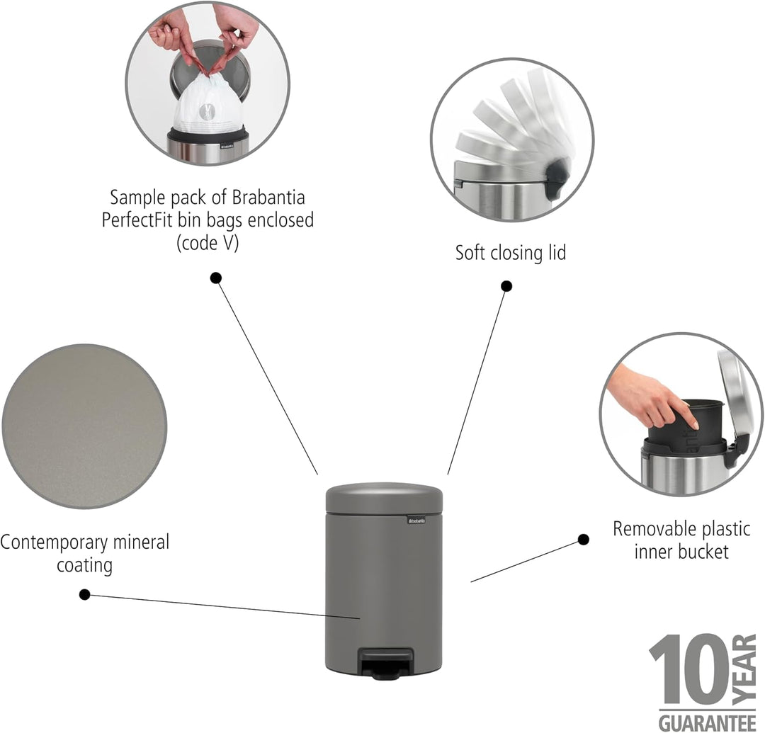 Brabantia Treteimer newIcon, 3L 3 Liter Mineral Concrete Grey, 3 Liter Mineral Concrete Grey