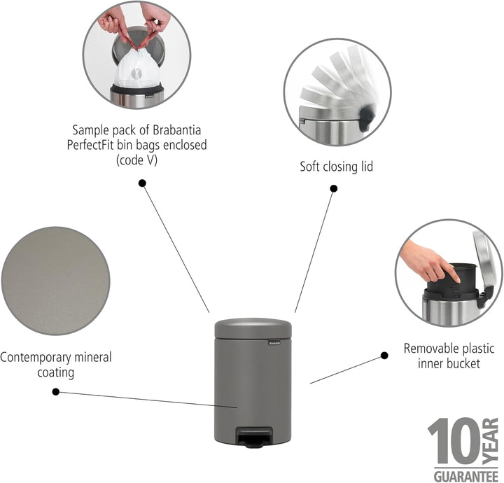 Brabantia Treteimer newIcon, 3L 3 Liter Mineral Concrete Grey, 3 Liter Mineral Concrete Grey