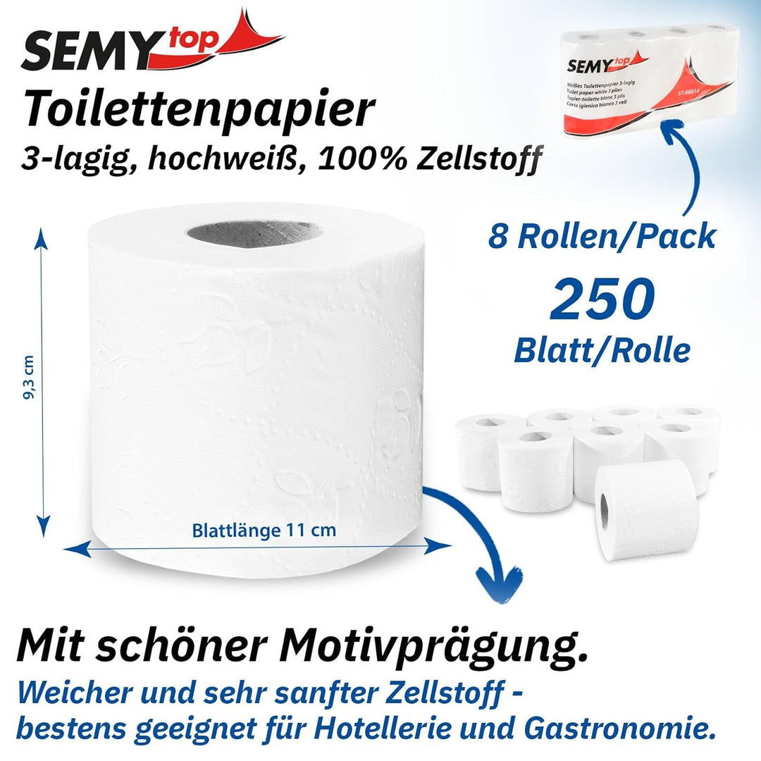 Semy Top Toilettenpapier 3 lagig 250 Blatt hochweiss, 7er Pack (7 x 8 Stück)