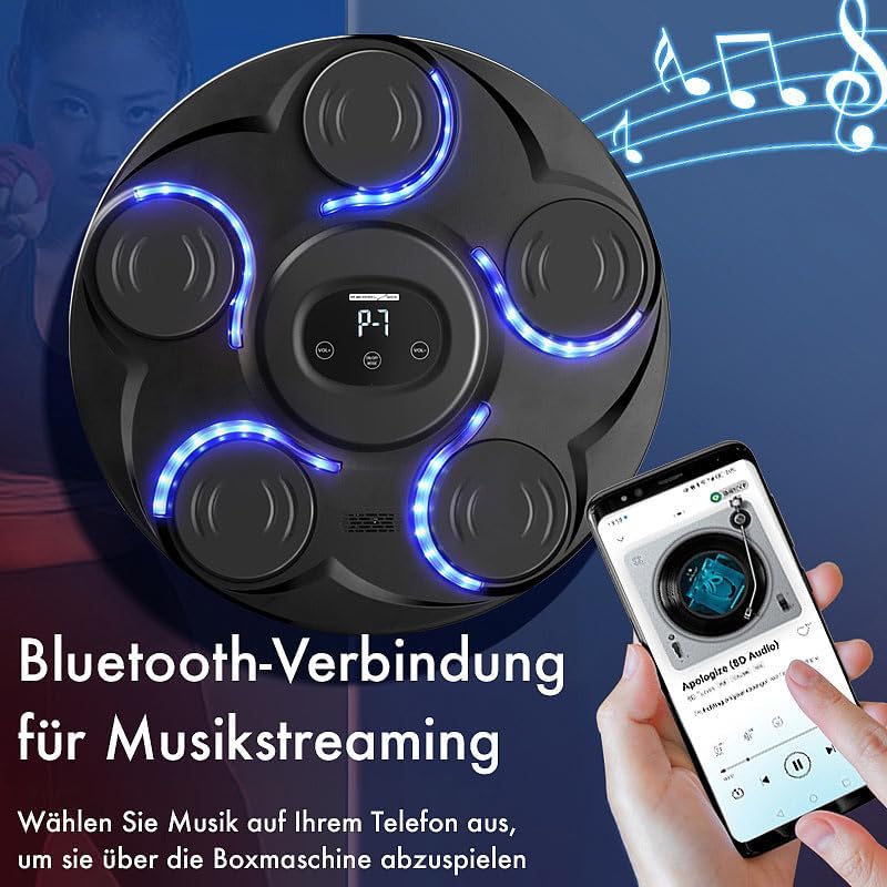 PEARL Sports Boxmaschine Erwachsene: Musik-Boxmaschine, 7 Schlagtakte, Zählmodus, LEDs, Display, BT,