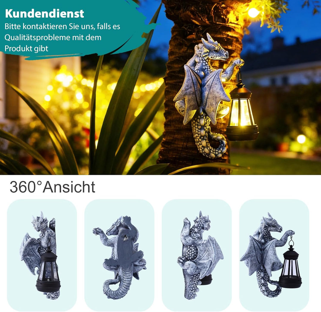Yeomoo Drachen Figuren mit Solarlampen Baumstamm Gartendeko für Draussen: Lustige Drachen Gartenfigu