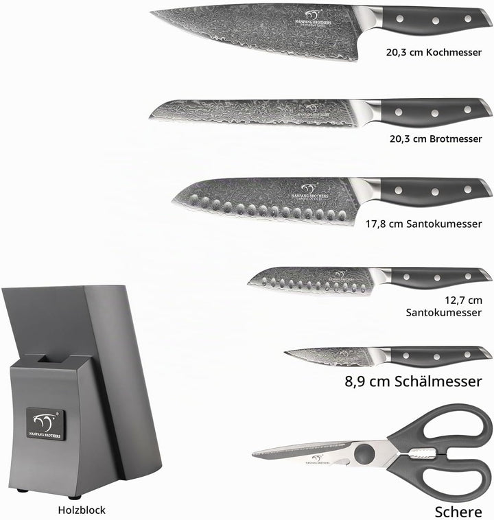 NANFANG BROTHERS Damascus Kitchen Knife Set 7 Piece with Block, Non-Slip ABS Handle, Ultra Sharp Sta