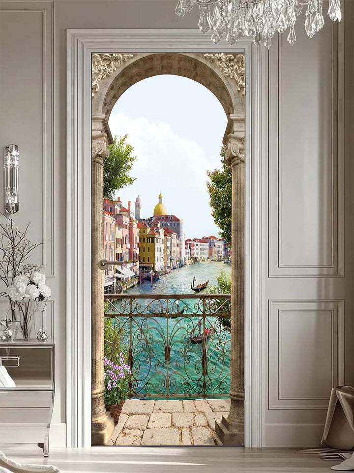 FLFK 3D Italien Flussseitenstadt Wohnzimmer Türtapete Wandbilder Selbstklebend Tür Poster Vinyl Entf