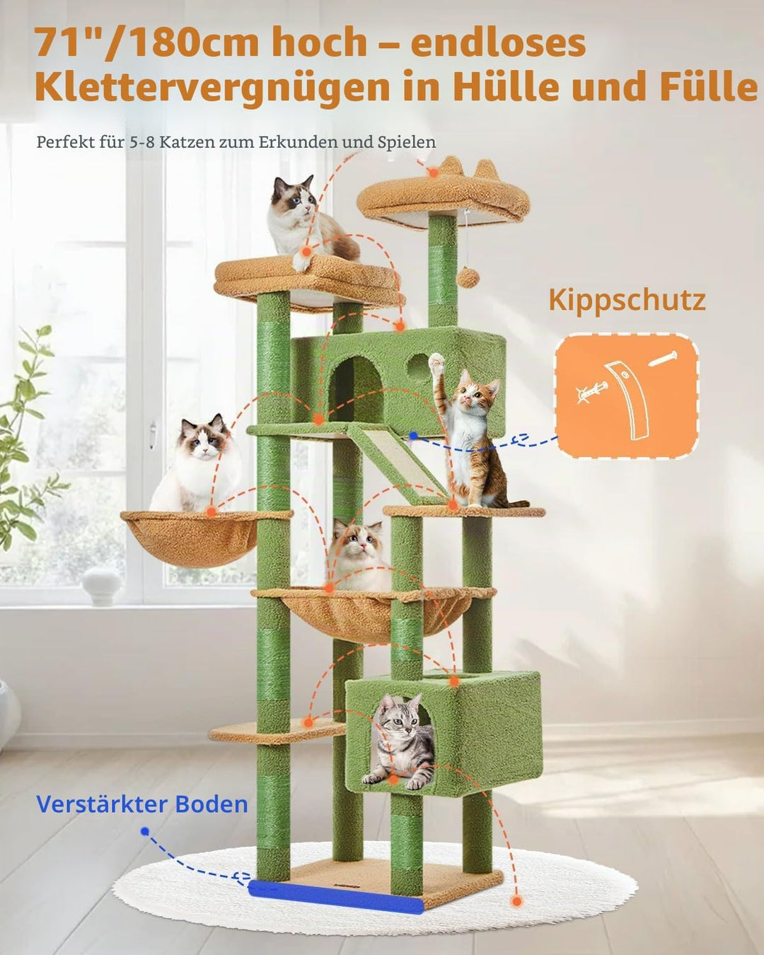Taoqimiao 180CM Kratzbaum Gross, Katzenbaum Katzen Kratzbaum Grosse Katzen Stabil mit 2 Katzenhaus,