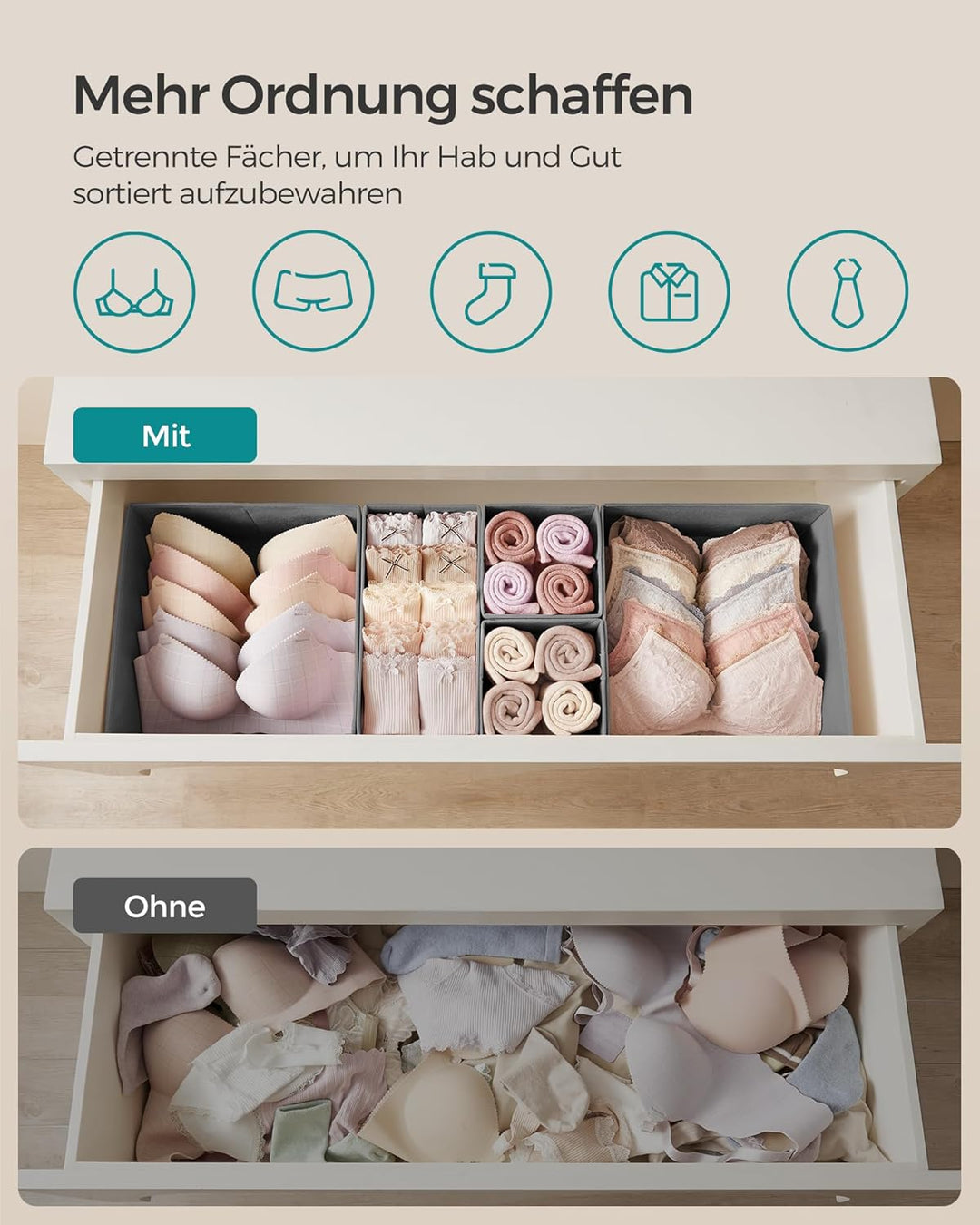 SONGMICS Aufbewahrungsbox für Schublade, 12er Set, Schubladen Organizer, Faltbox, Unterwäsche Organi
