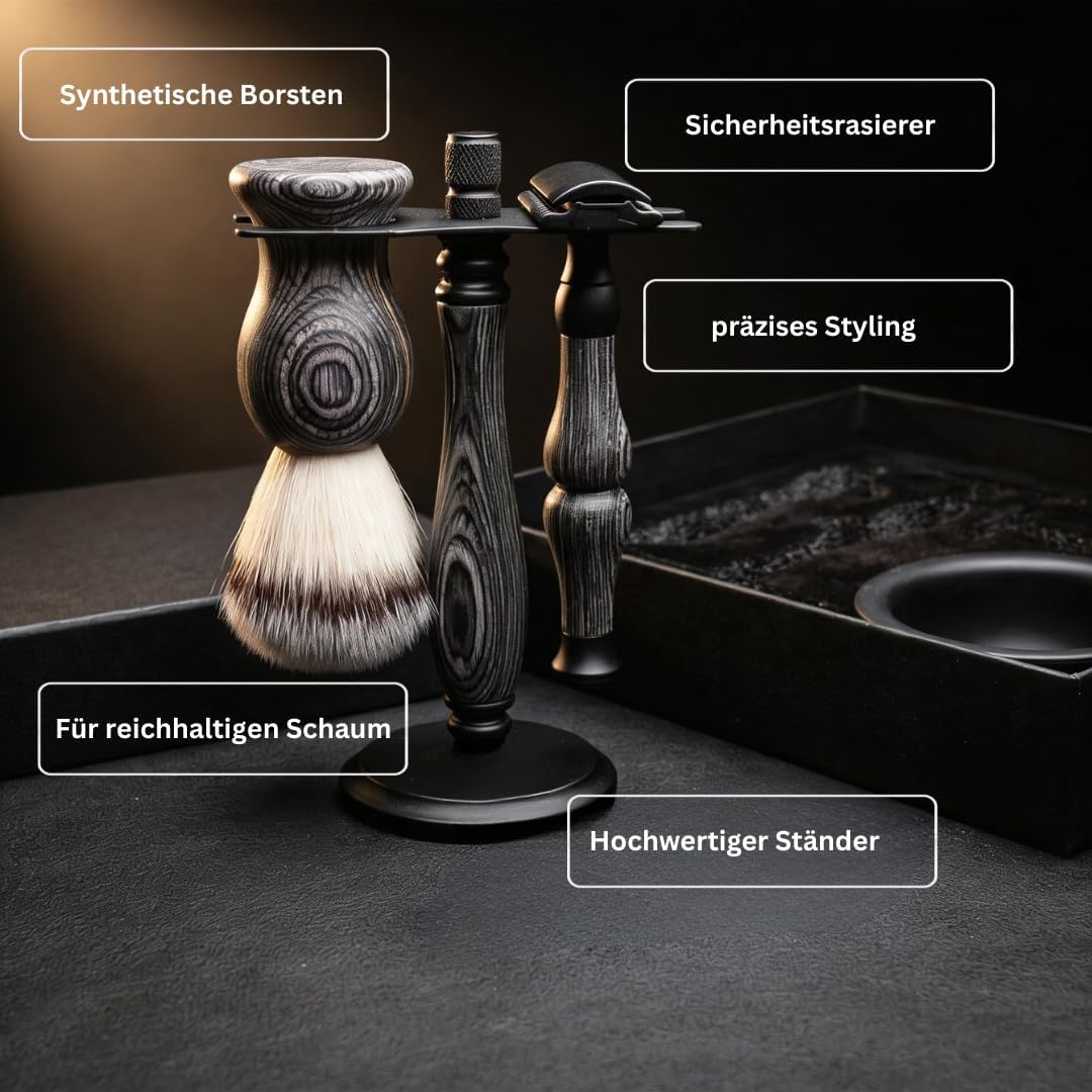 MASAKO Rasierhobel Set Herren aus Echtholz – Premium Nassrasierer mit Rasierpinsel, Schale, Ständer