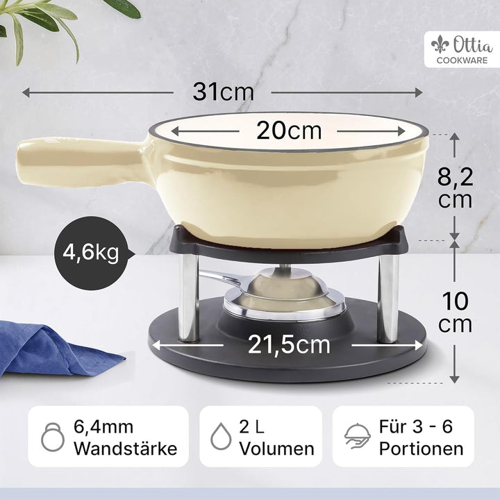 Ottia Fondue Set für 2, 3, 4, 5, 6 Personen aus Gusseisen & Emaille. Als Käsefondue, Fleischfondue,