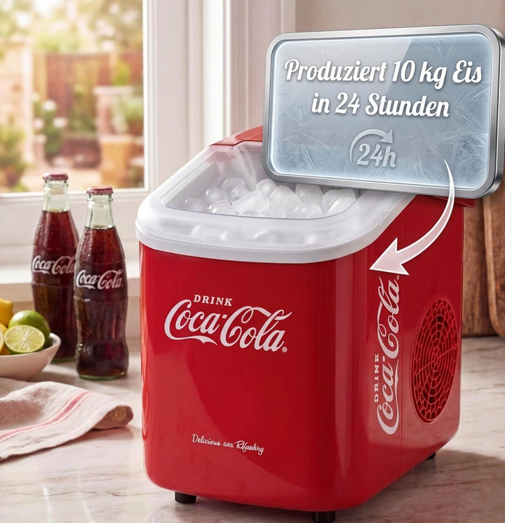 Salco Coca Cola Eiswürfelmaschine – Kompakter Eiswürfelbereiter mit 2 Eiswürfelgrössen, 10 kg Eis in