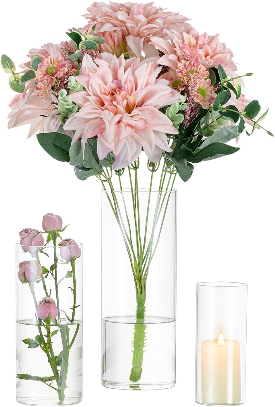 Glasseam Deko Vase Glas Zylinder Tischdeko 3 Stück/Satz Blumen Vasen Set Modern Glasvase Rund Glaszy