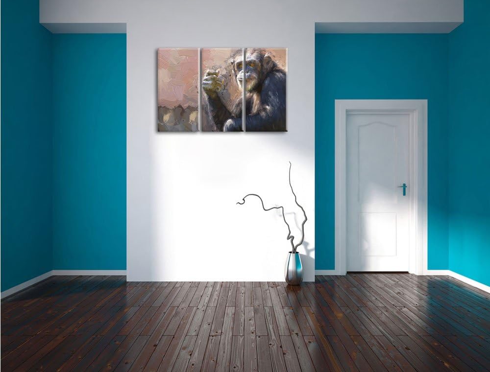 Pixxprint Aufmerksamer Schimpanse Kunst Pinsel Effekt 3-Teiler Leinwandbild 120x80 Bild auf Leinwand