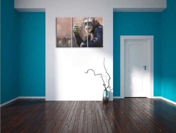 Pixxprint Aufmerksamer Schimpanse Kunst Pinsel Effekt 3-Teiler Leinwandbild 120x80 Bild auf Leinwand