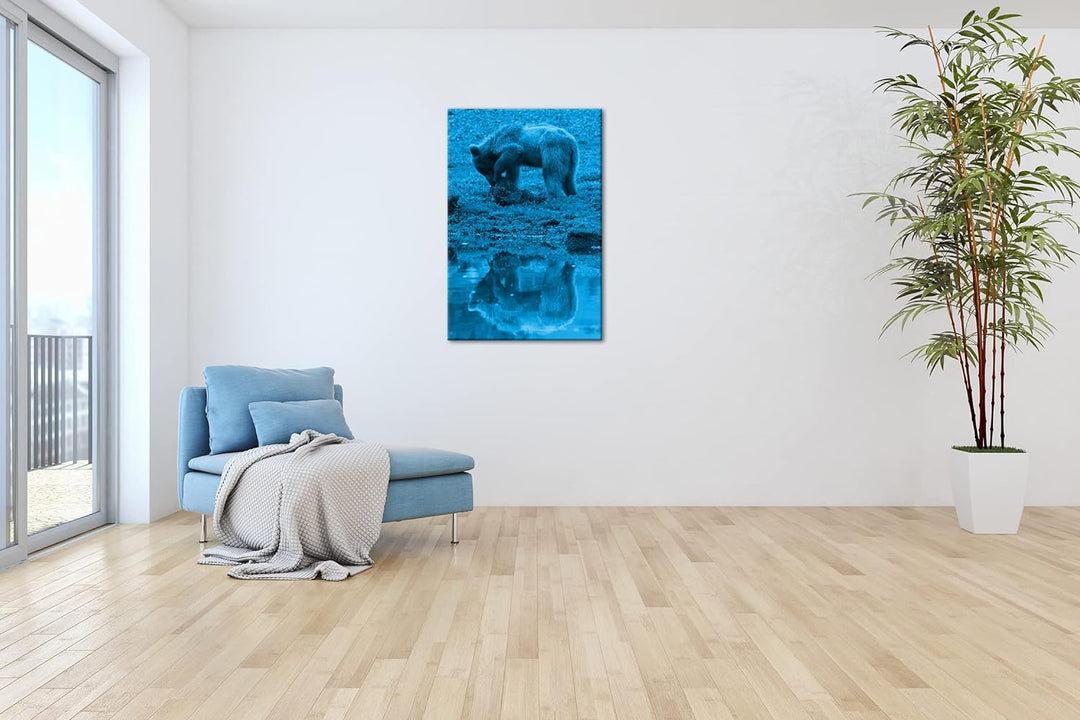 deyoli Verspielter brauner Bär Format 80x60 Effekt: Monocrome Blau als Leinwandbild, Motiv fertig ge