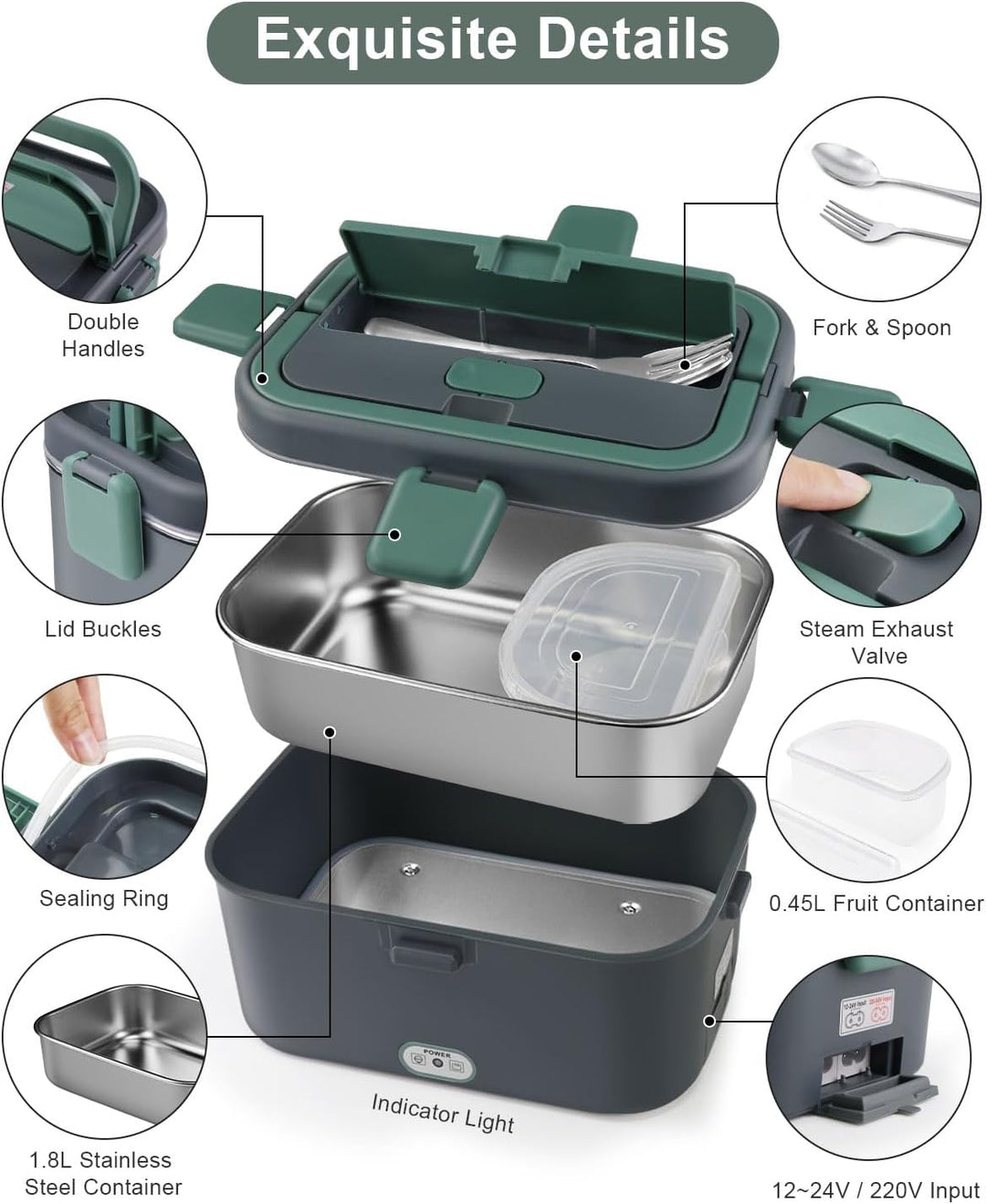 AUTOPkio Elektrische Lunchbox 1,8L 80W, 12V/24V/220V Grosser Beheizbare Speisenwärmer mit Tasche Ede