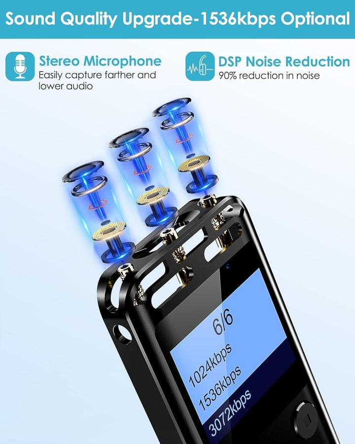 64GB Digitale Diktiergeräte Mit Geräuschunterdrückung 1536Kbps Hd-Stereo Metallener Sprachaktivierte