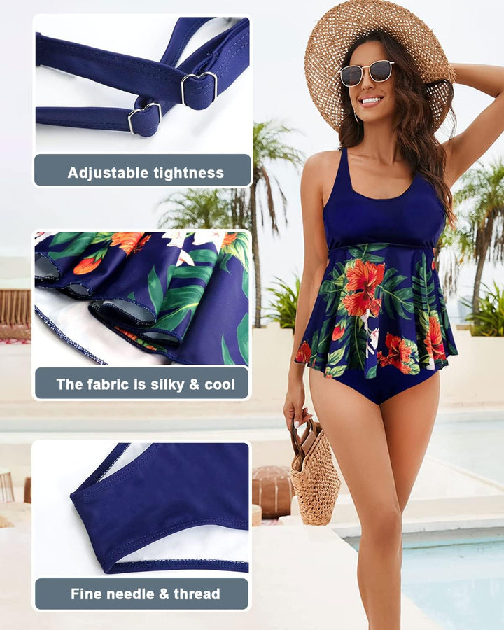 JFAN Tankini Damen Badeanzug Damen Bauchweg mit Rüschen Badekleider und Bikinihose M Navy+blätter, M