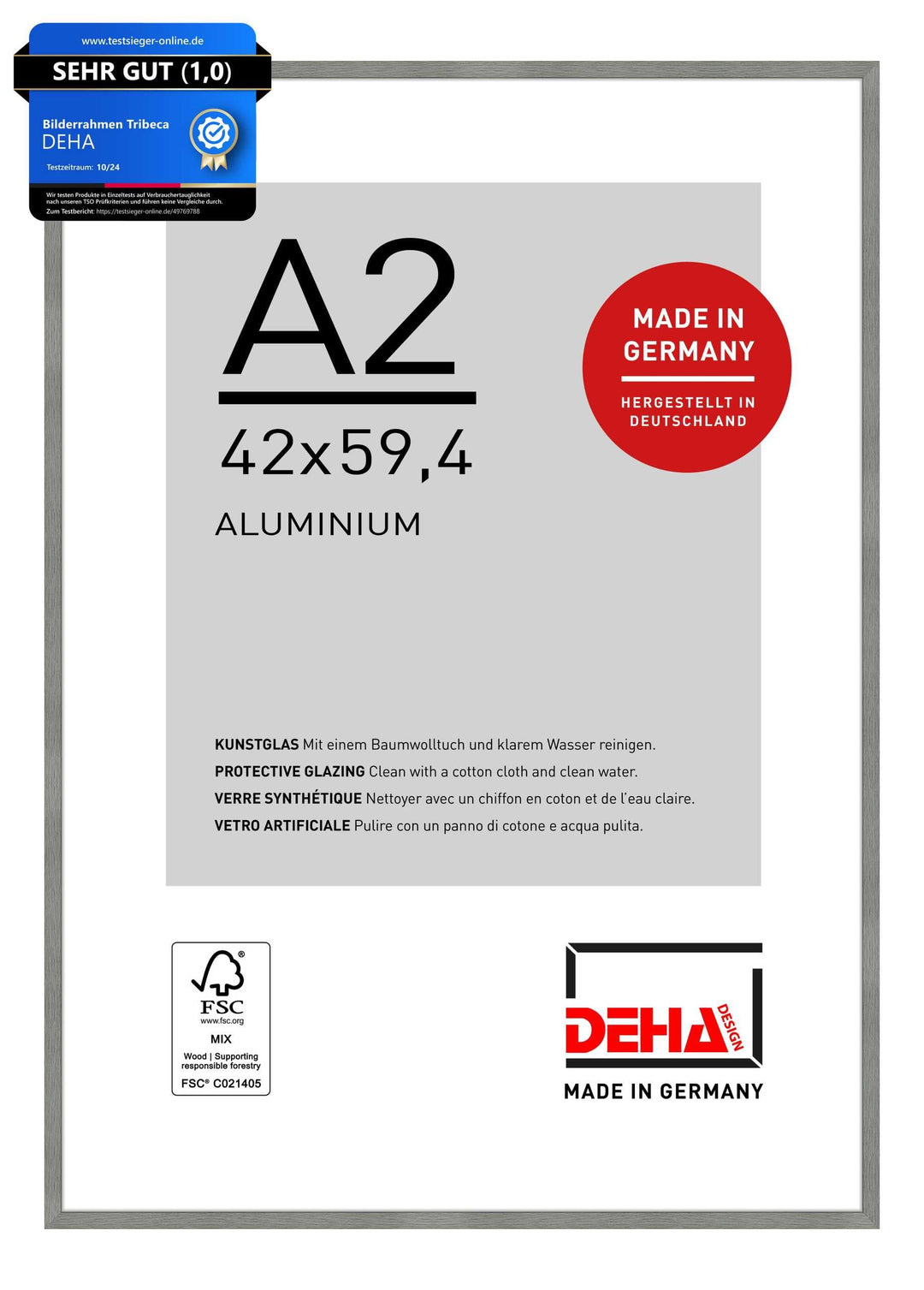 DEHA Design Bilderrahmen Tribeca, A2 42x59,4 cm, Aluminium Grau Matt, bruchsicheres Acrylglas, für P