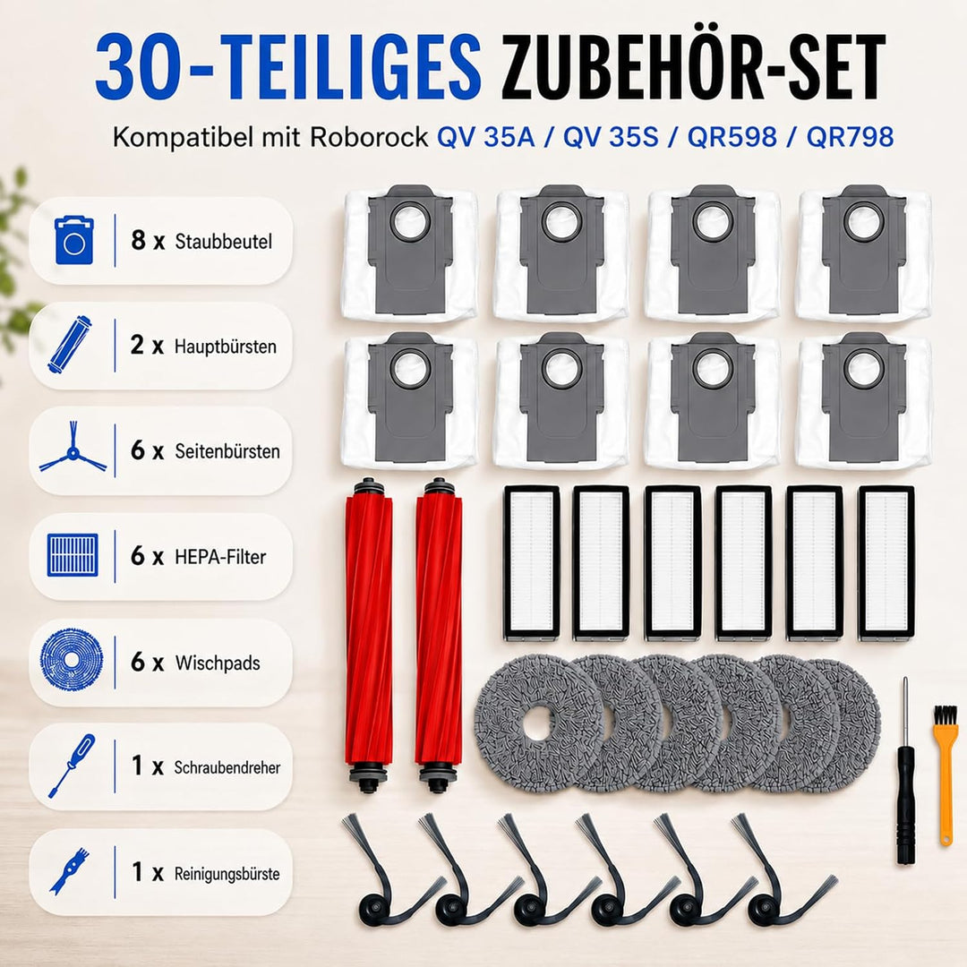 30 Stück Zubehör für Roborock QV 35A/QV 35S/QR 798/QR 598 Saugroboter | 8 Staubbeutel, 2 Hauptbürste