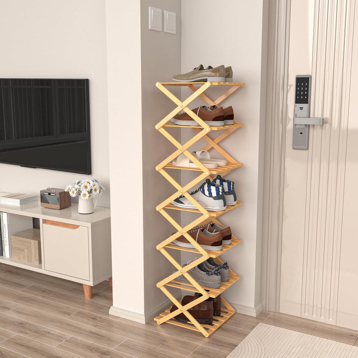 homewell Schuhregal aus Bambus mit 7 Ebenen, vertikales Schuhablage, Faltbares Montagefreies, Schuhr