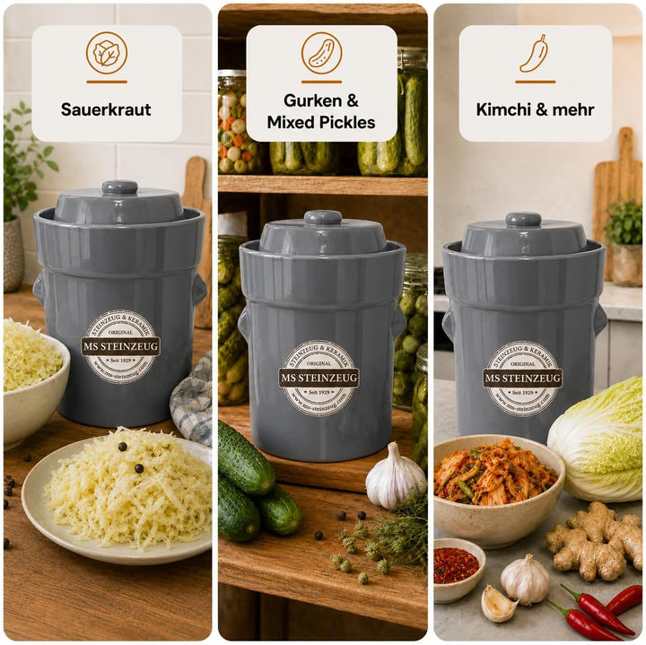 Gärtopf 10 L Steingrau + Beschwerungssteine | Gesund durch Fermentation mit Sauerkrauttopf | Einmach