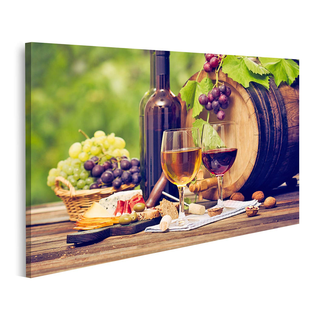 islandburner Bild auf Leinwand Wein Käse Tisch Close Up Bilder Wandbilder Poster Leinwand 100x57cm,