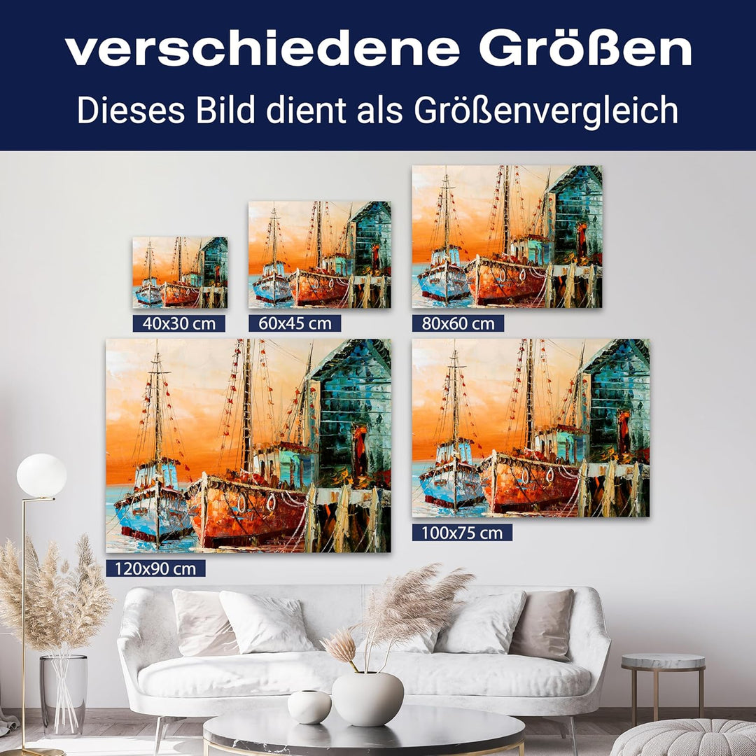 wandmotiv24 Leinwandbild Malerei, 80x60cm, Querformat, Boote, Meer, Deko, Bilder auf Leinwand, Wandd