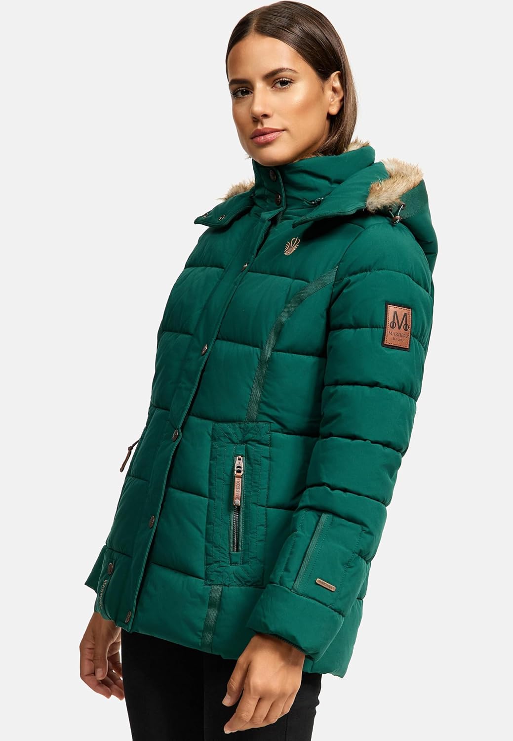 MARIKOO Damen Winterjacke warme Steppjacke mit Kunstfell Innenfutter Nekoo XS-3XL 3XL Evergreen, 3XL