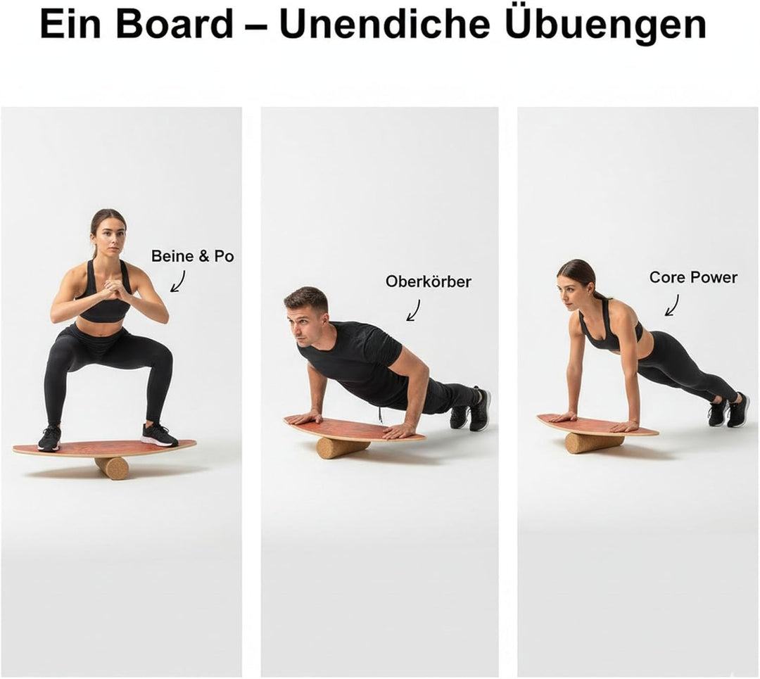 Balance Board aus Holz, Balancebrett mit Korkrolle, 8 Holzschichten, Trainingsgerät für Gleichgewich