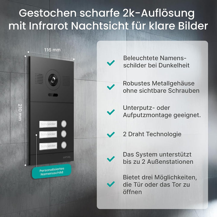 Mathfel 2-Draht IP Video-Türsprechanlage mit Türöffner und 2 Jahren Garantie - Full-HD Kamera, 7" Mo