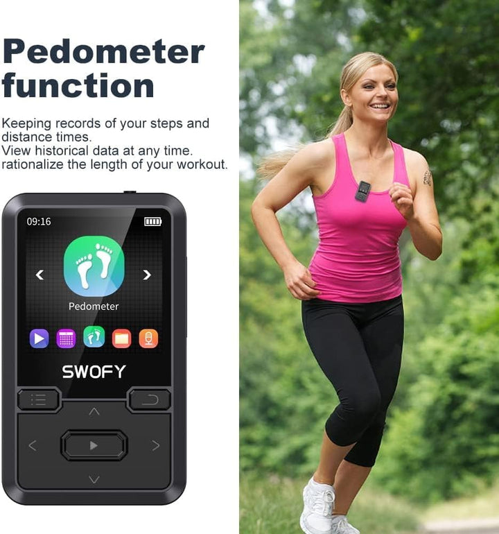 SWOFY MP3 Player Bluetooth 5.0 mit Sport Clip, 32GB Tragbarer Mini Musik Player mit Kopfhörer, FM Ra