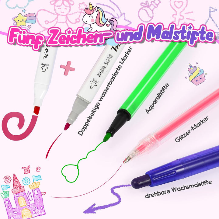 HappyGoLucky Malset für Kinder Wasserfarbkasten Marker Set, Geschenk Mädchen 3-10 jahre, Federmäppch