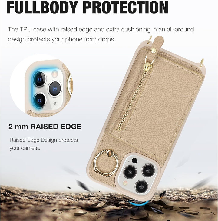 ELTEKER Handyhülle für iPhone 15 Pro Max Hülle mit Band Kartenfach Handykette Ringhalterung Geldbörs