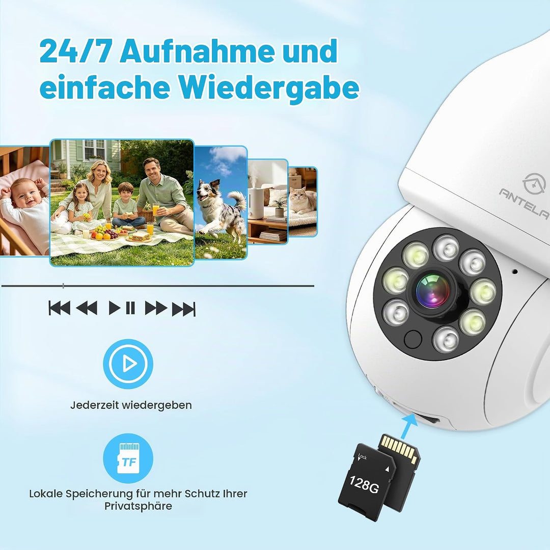 ANTELA Überwachungskamera 3MP 2K 2,4GHz, Bewegungserkennung, Zwei-Wege-Audio, kompatibel mit Alexa/G