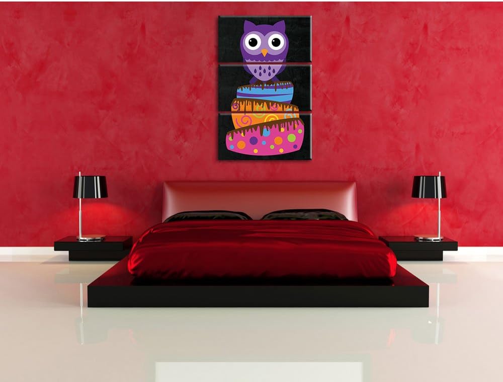 Pixxprint Eule auf Torte als Leinwandbild/Grösse: 3 Teiler (120x80) / Wandbild/Kunstdruck/fertig bes