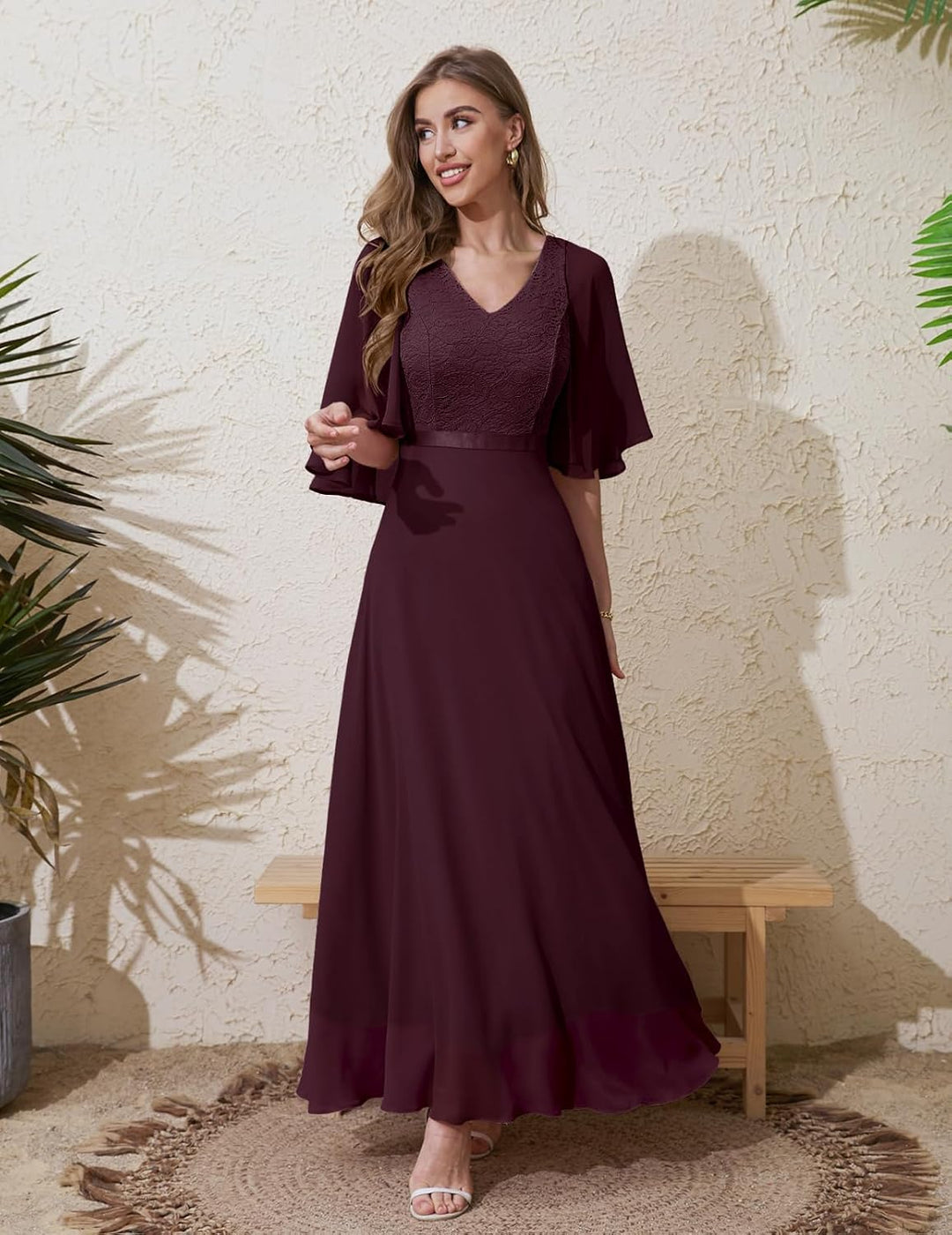 DRESSTELLS Damen Ballkleid Lang Abendkleider Elegant für Hochzeit mit Kurze Ärmel M Burgunder, M Bur