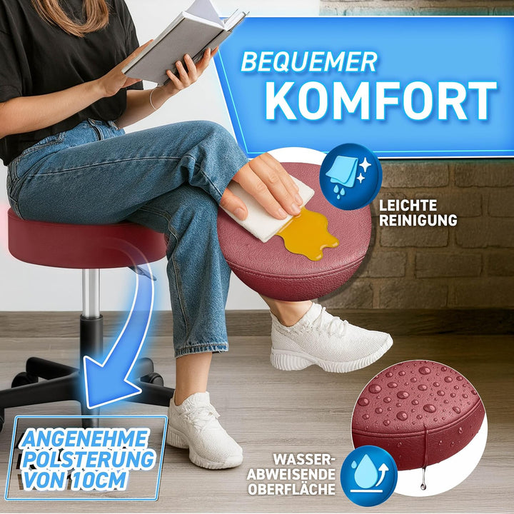 TRESKO® Rollhocker höhenverstellbar 10 cm Dicke Polsterung bis 150 kg | Hocker 47-60cm | Arbeitshock